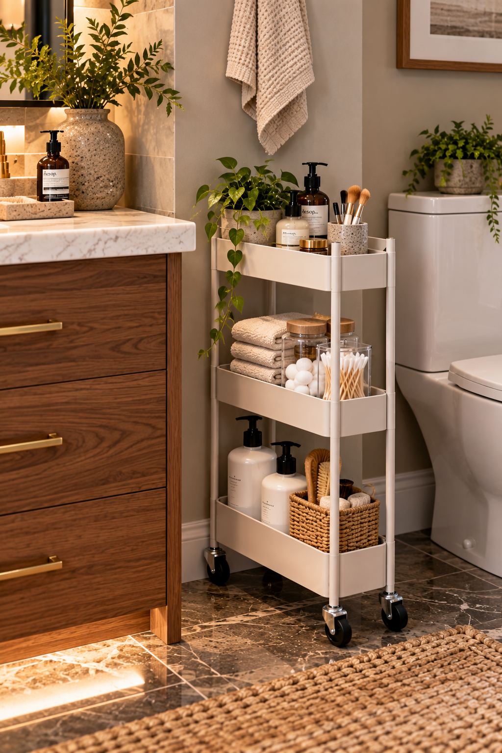 Slim rolling bathroom storage cart for small bathroom organization