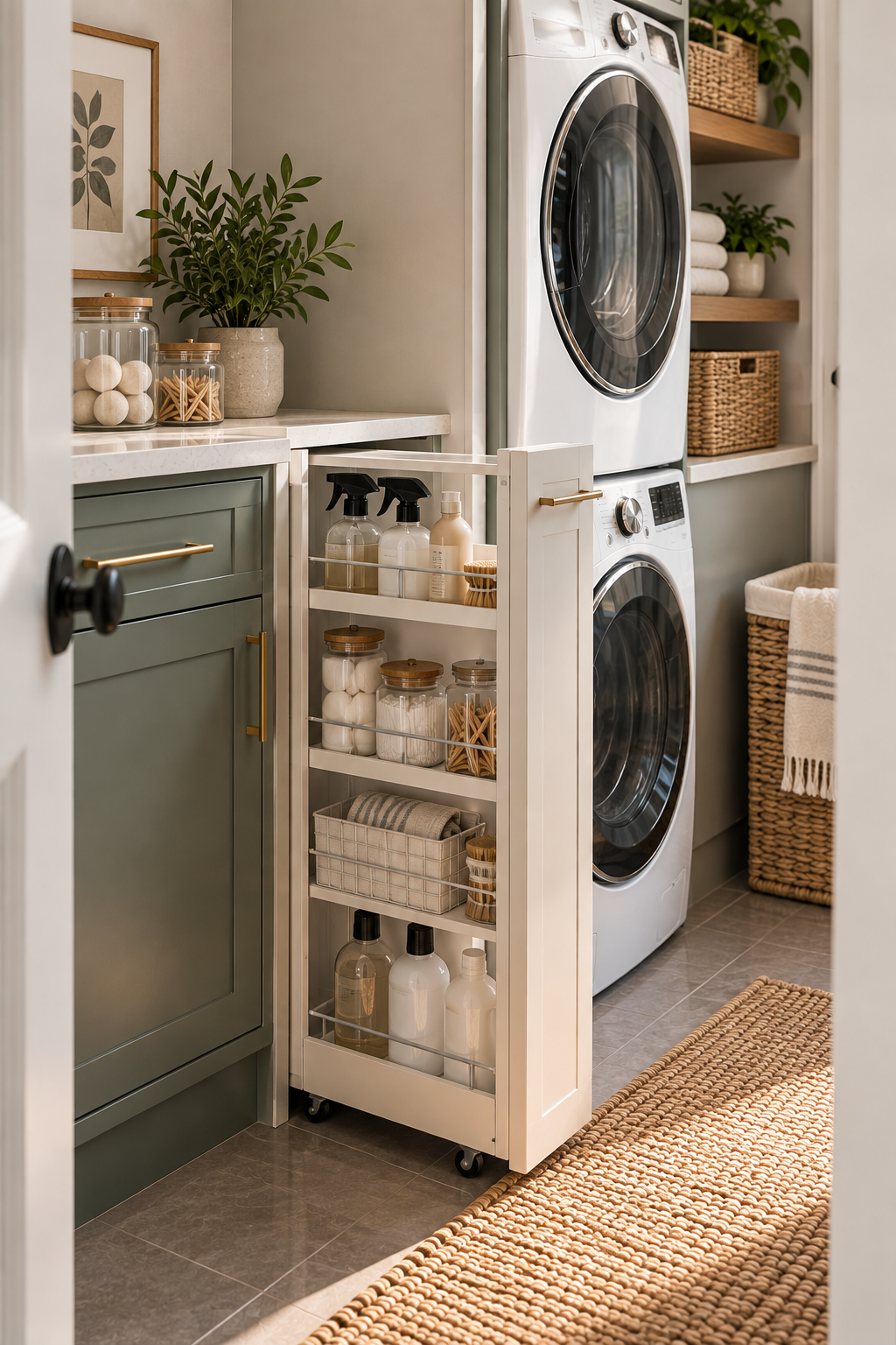 Slim rolling storage cart in a small laundry room