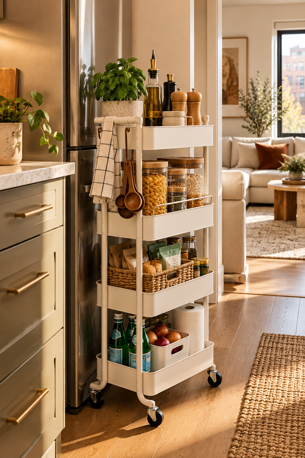 Slim rolling storage cart for small space storage ideas in a compact apartment