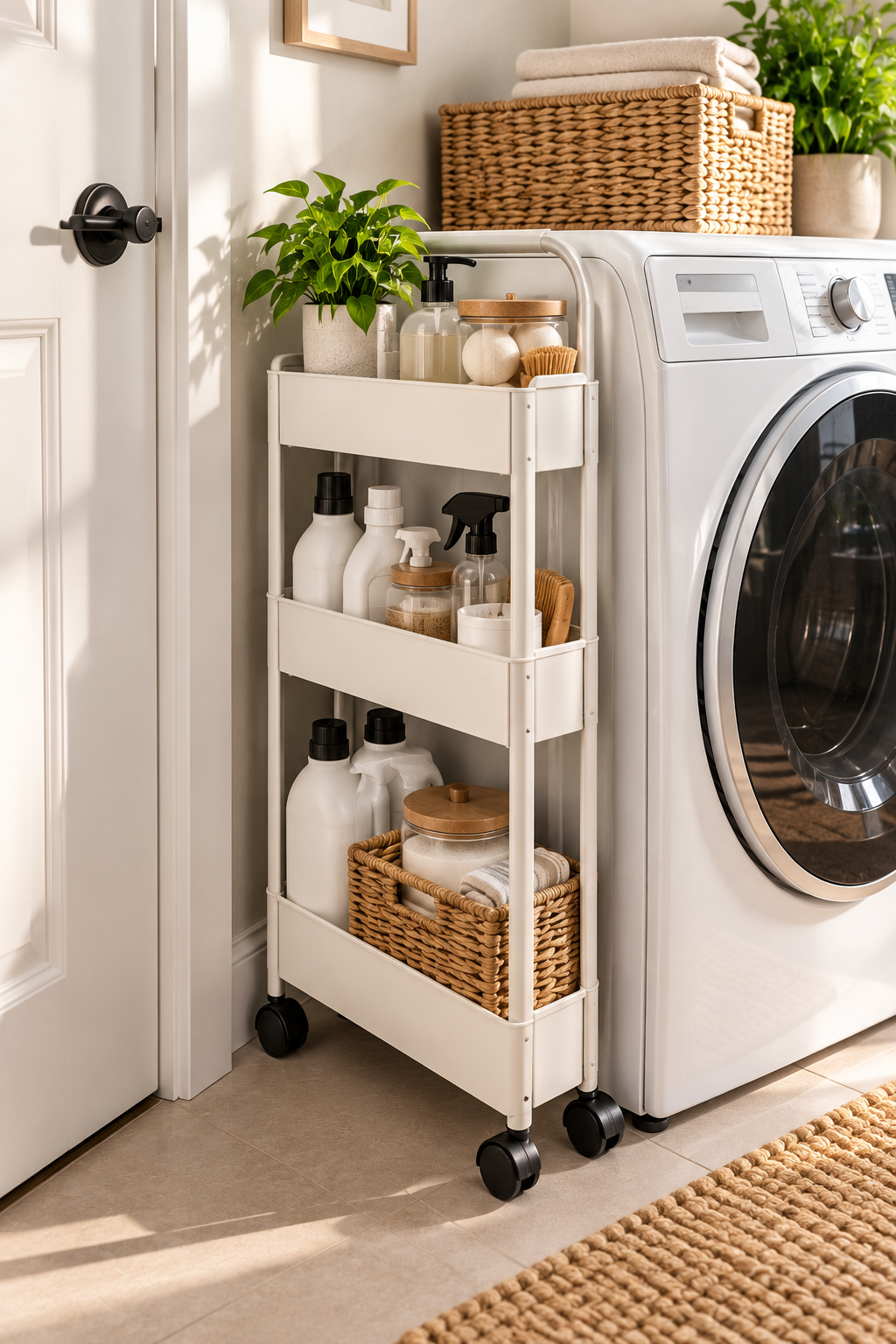 Slim rolling storage cart for small laundry room organization