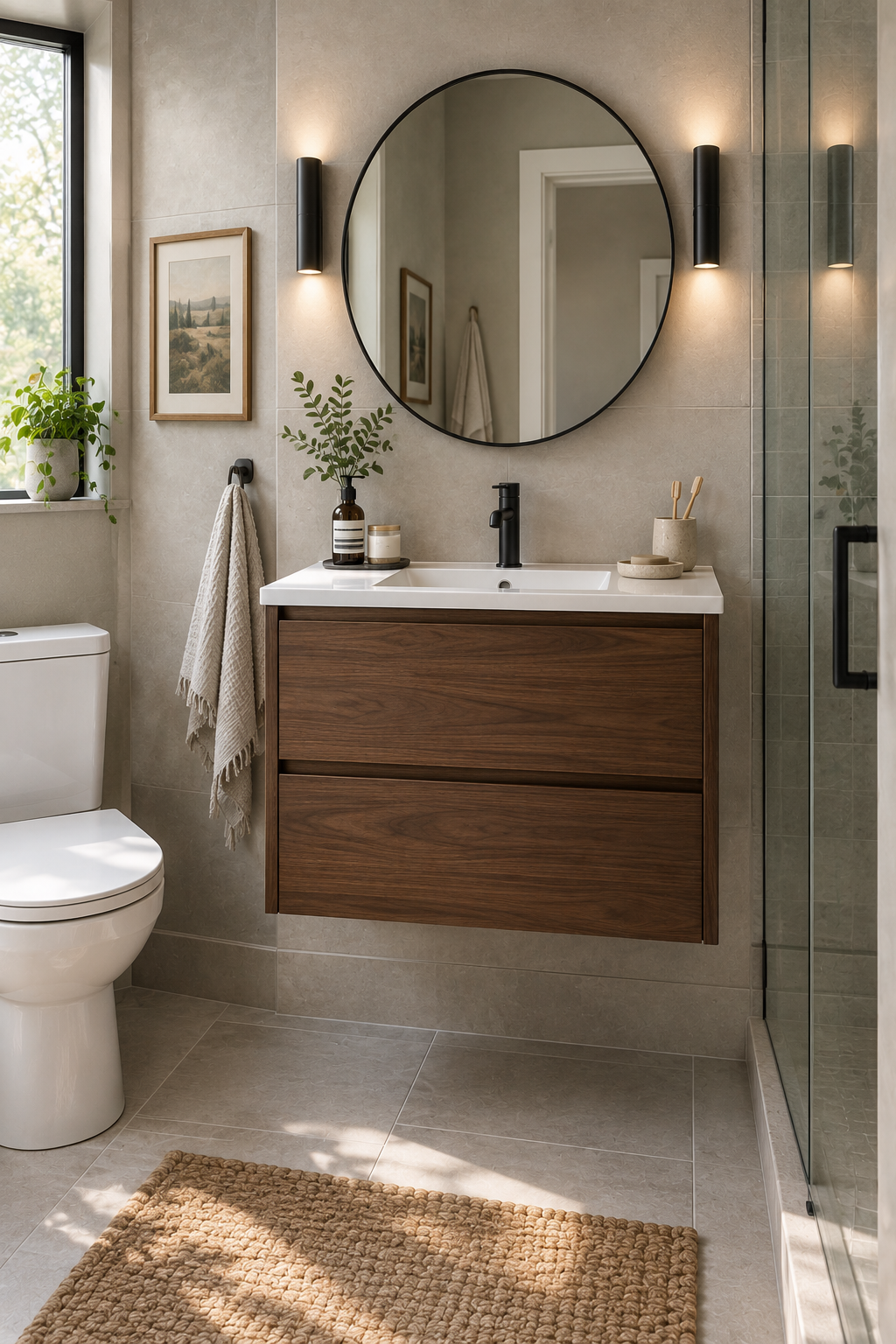 Slim walnut floating vanity with storage in a compact modern bathroom