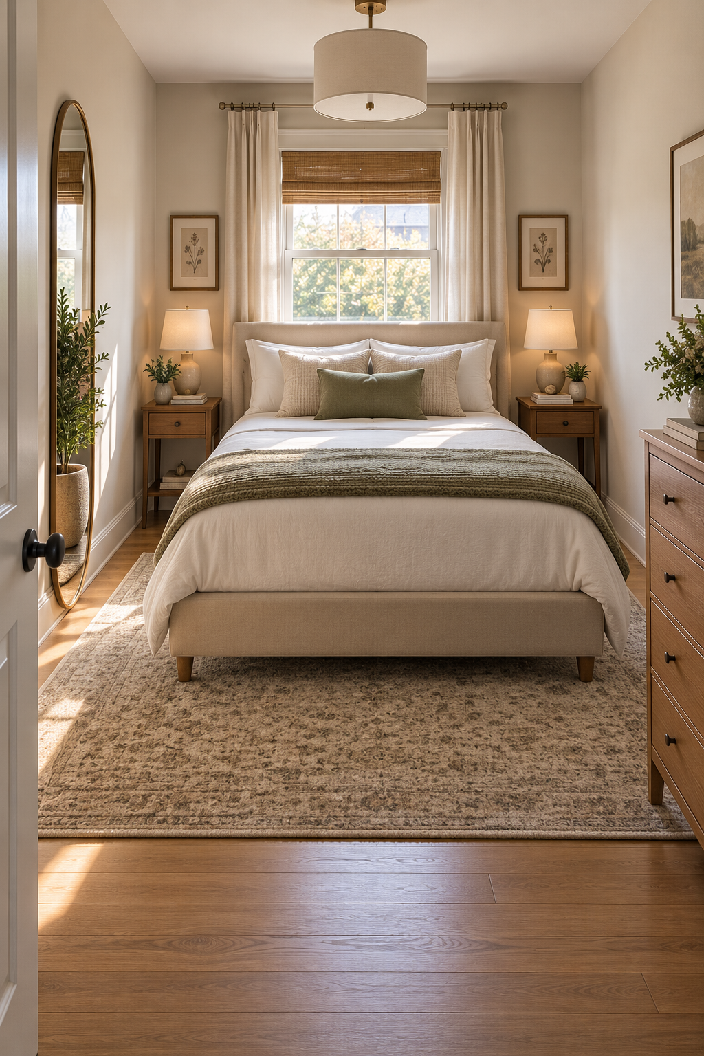 Small bedroom with a clear walkway around the bed to make the space feel bigger