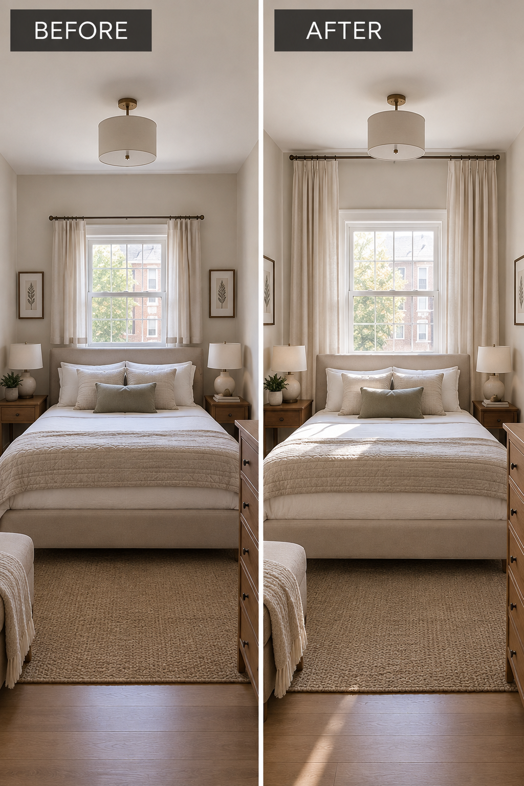 Small bedroom before and after hanging curtains higher to make the room feel taller
