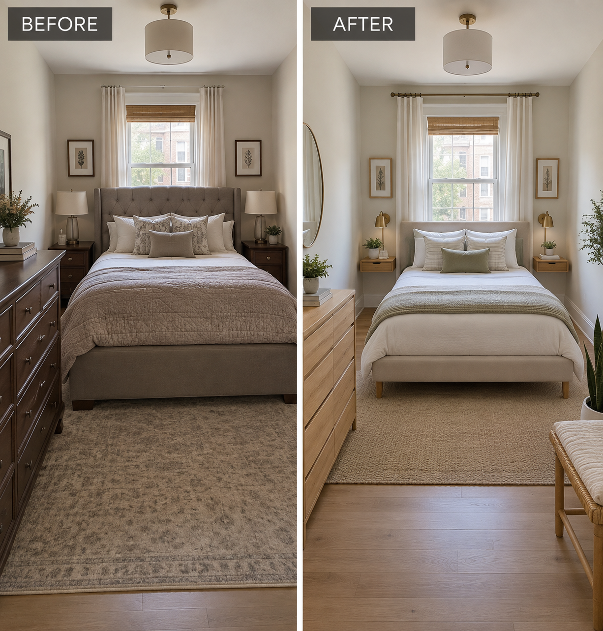 Small bedroom before and after using properly scaled furniture to create more open floor space