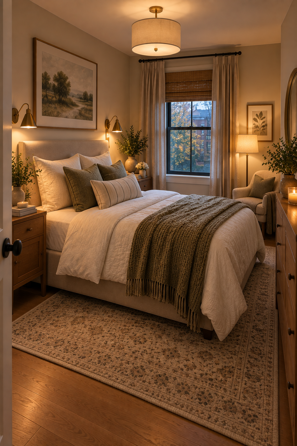 Small bedroom with layered warm lighting that brightens dark corners and makes the space feel more open