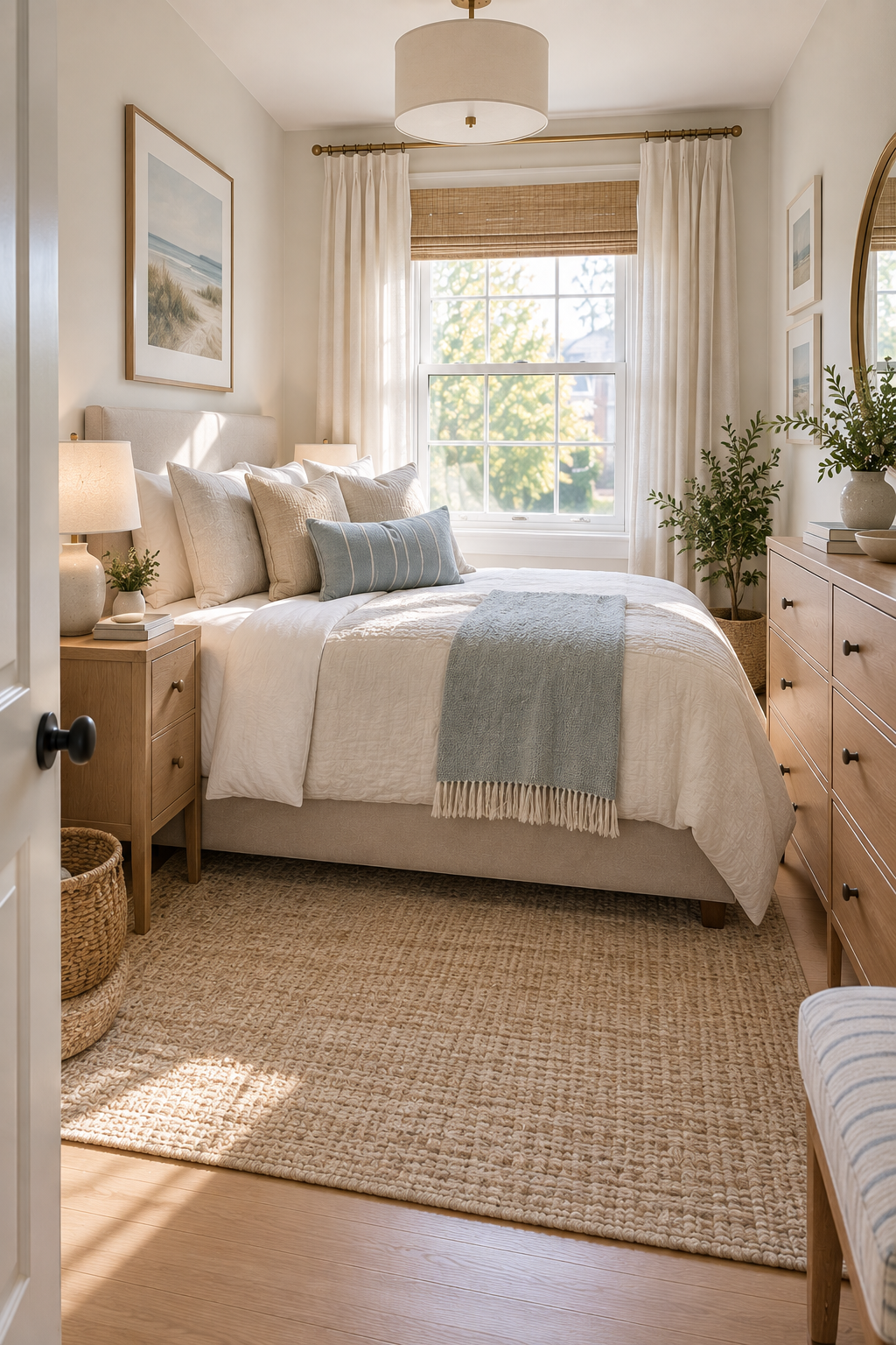 Small bedroom with a light connected color palette to make a small bedroom feel bigger