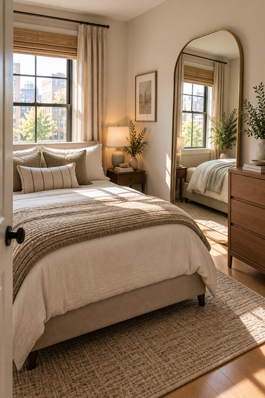 Large mirror reflecting natural light in a small bedroom to create more visual depth