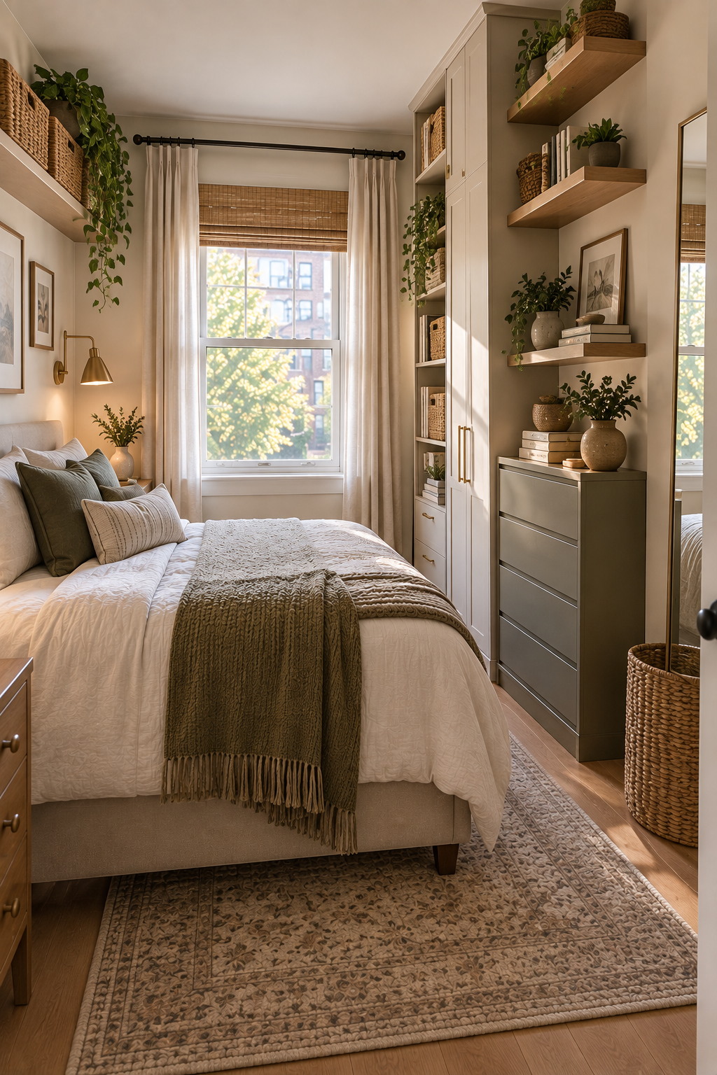 Small bedroom using vertical wall storage to save floor space and keep the room organized