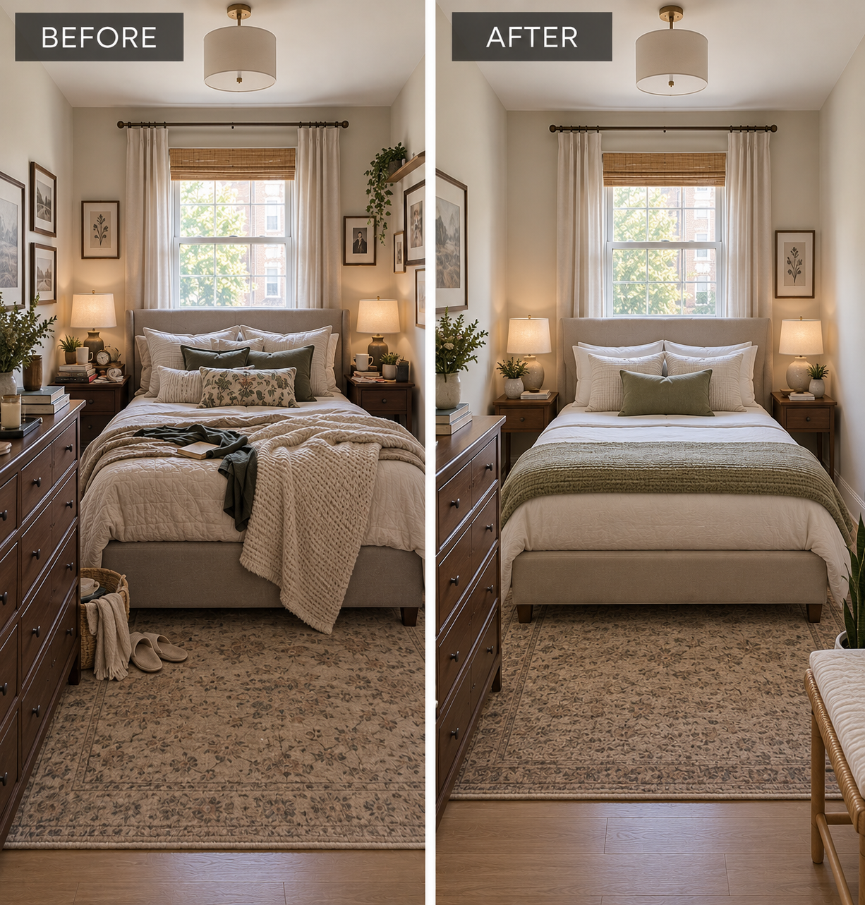 Small bedroom before and after reducing visual clutter to create a more open and organized space