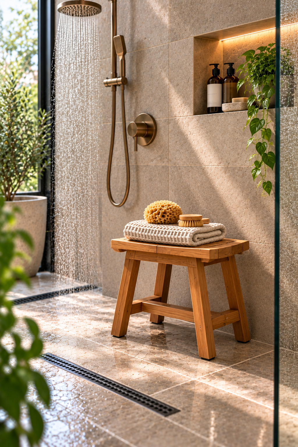 Small spa-style teak shower stool in a modern walk-in shower