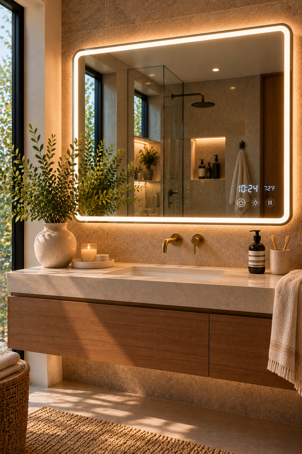 Smart frameless LED bathroom mirror with digital display