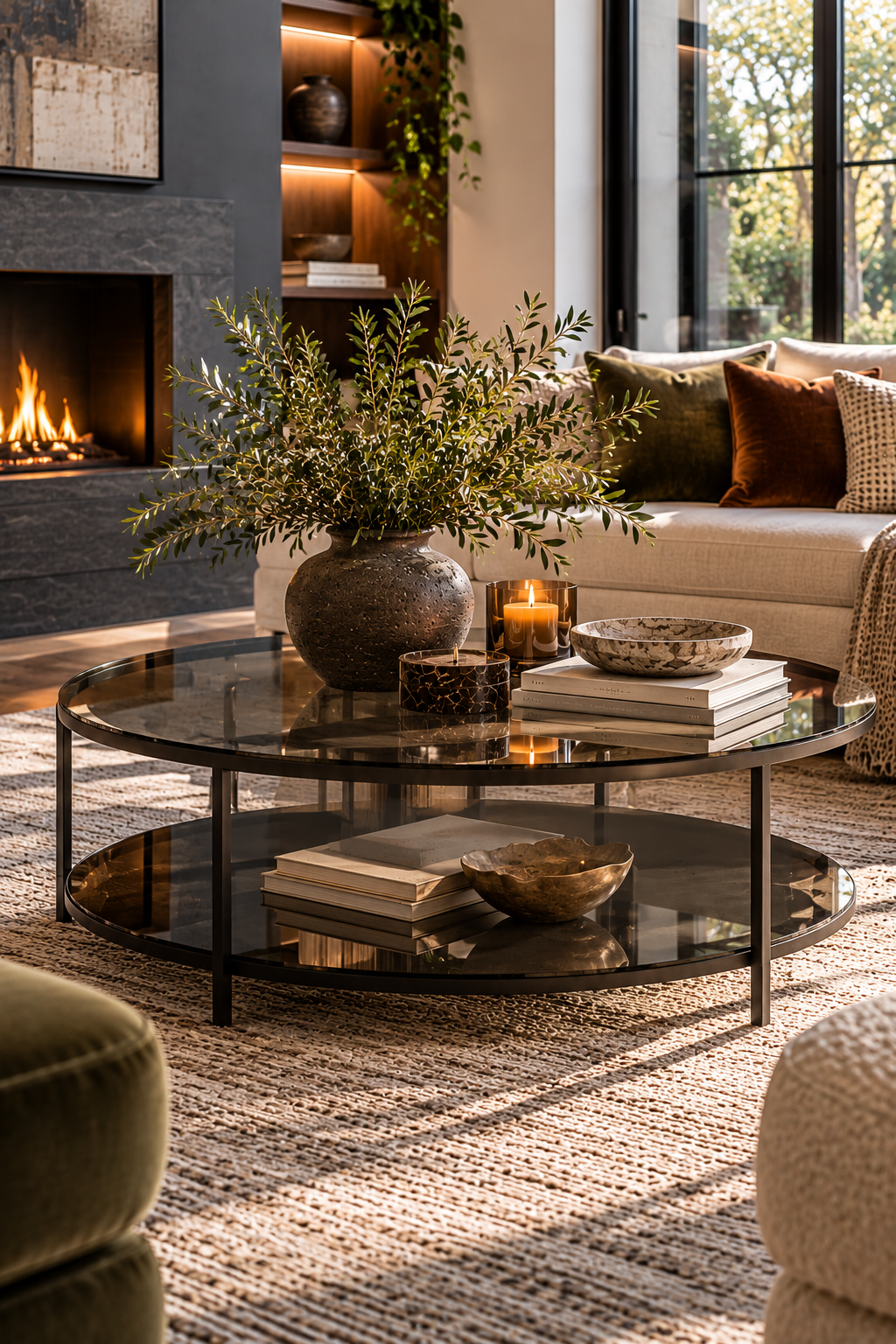 Smoked glass and black metal statement coffee table in a modern living room