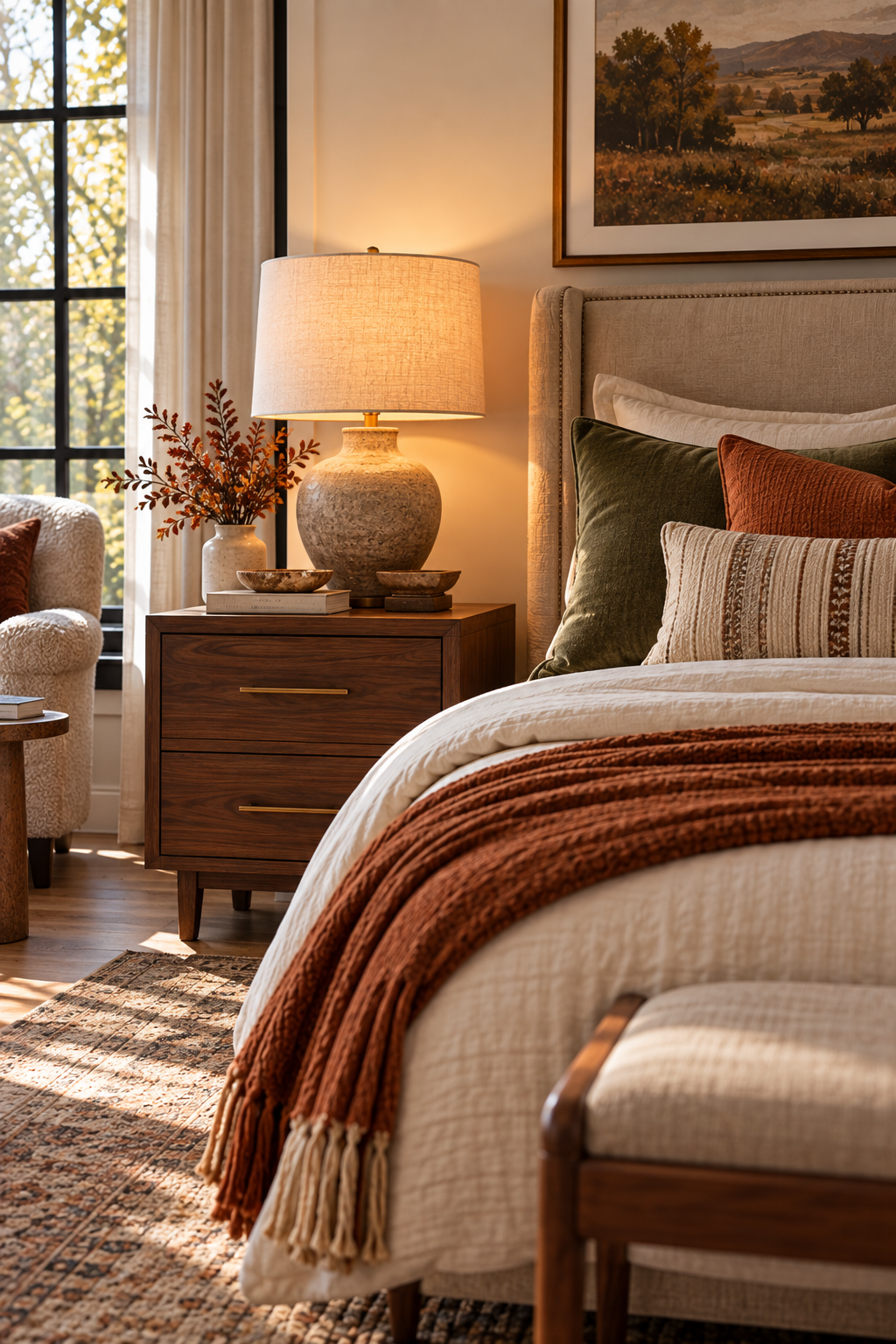 Soft bedside table lamp for warm fall bedroom decorating ideas