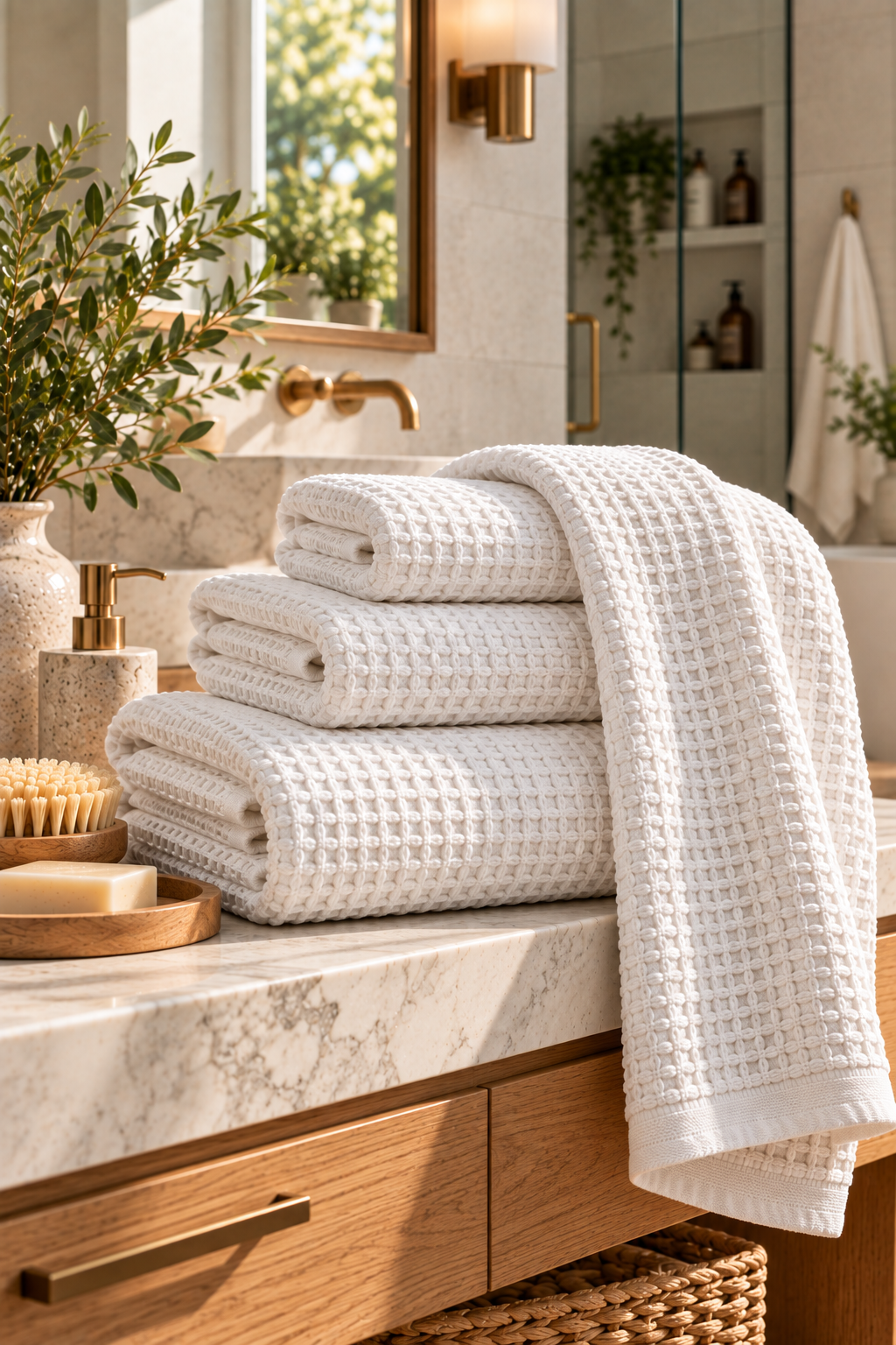Soft white waffle weave bath towel in a bright traditional bathroom