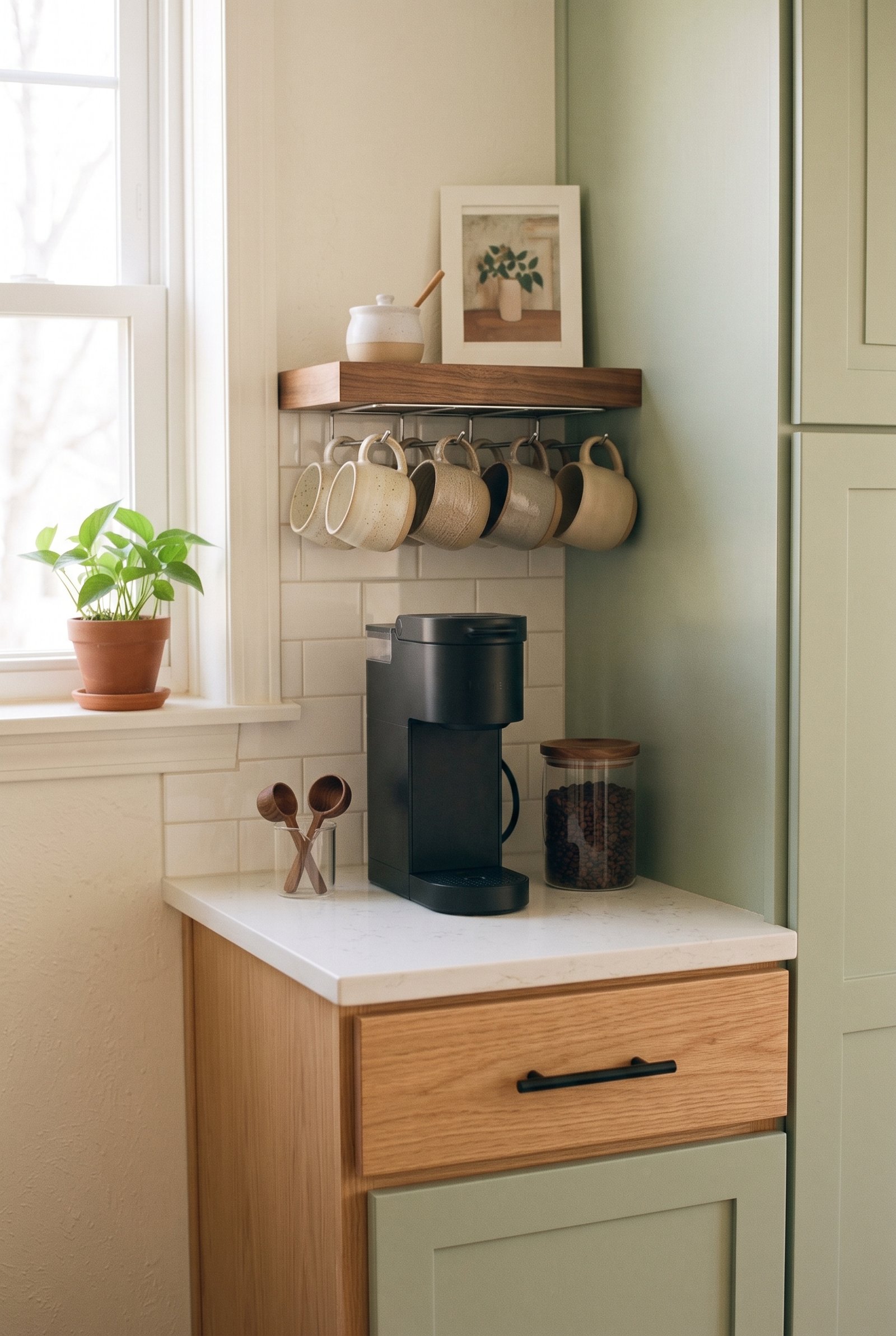 pace-saving hanging mug rack above a cozy apartment coffee station