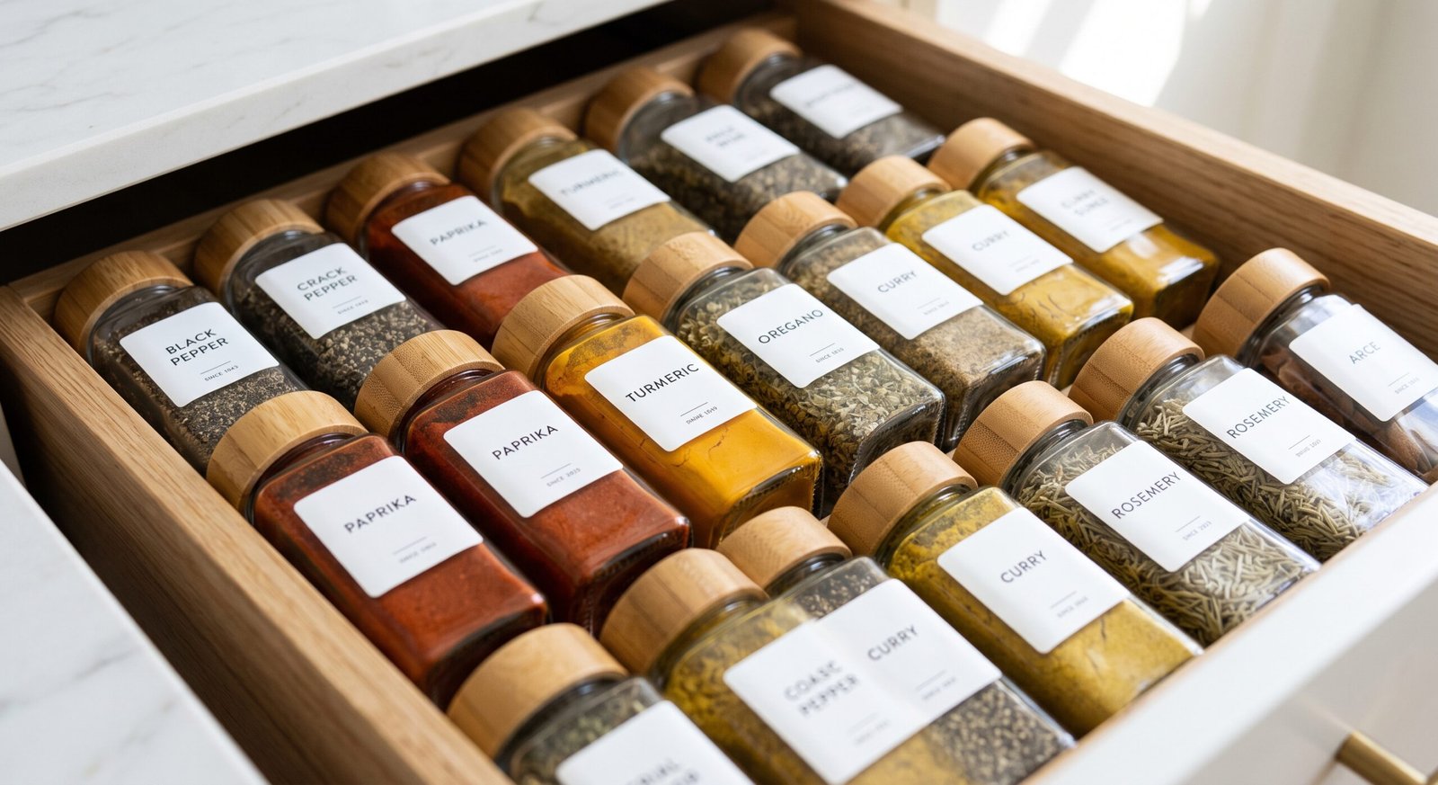 spice drawer organization ideas using square glass jars and bamboo lids