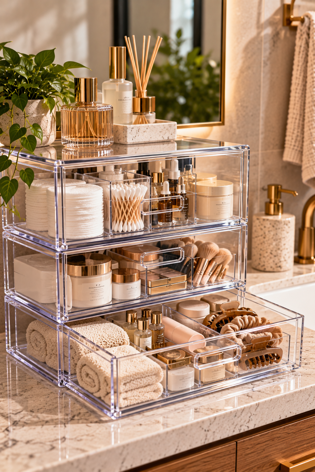 Stackable clear drawer organizer for modern bathroom storage ideas