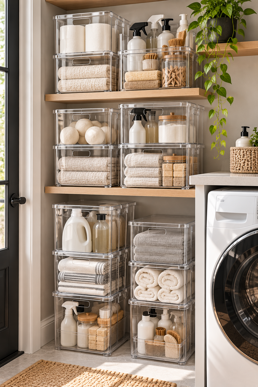 Stackable storage bins for small laundry room storage ideas