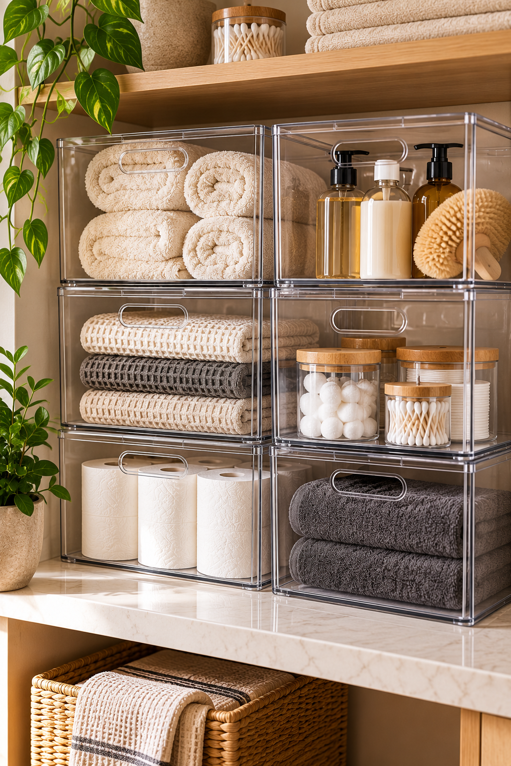 Stackable storage bins for smart home organizers and everyday essentials