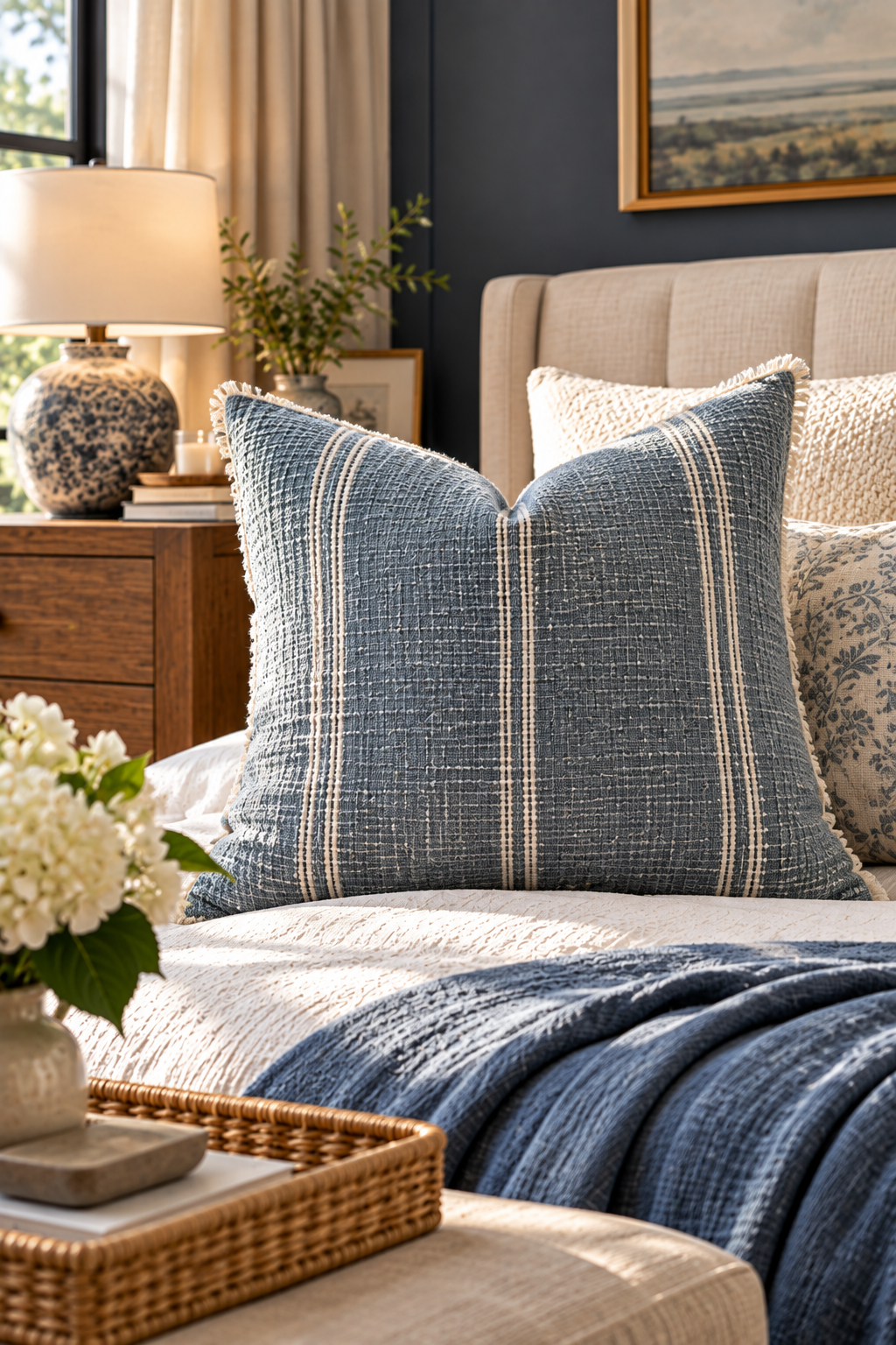 Stone gray linen pillow cover styled with neutral sofa decor