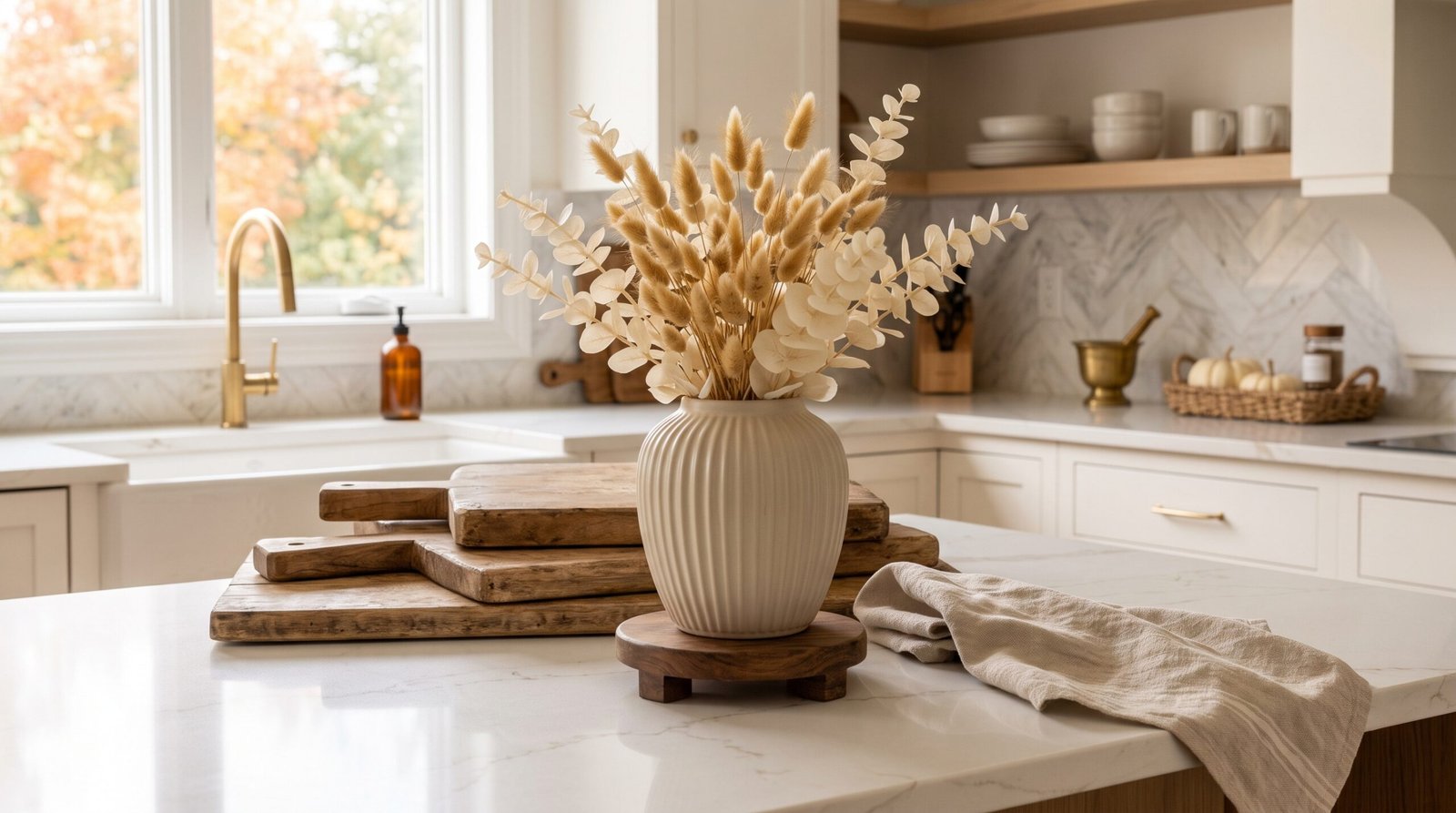 subtle fall kitchen decor ideas with warm neutrals dried stems in crock