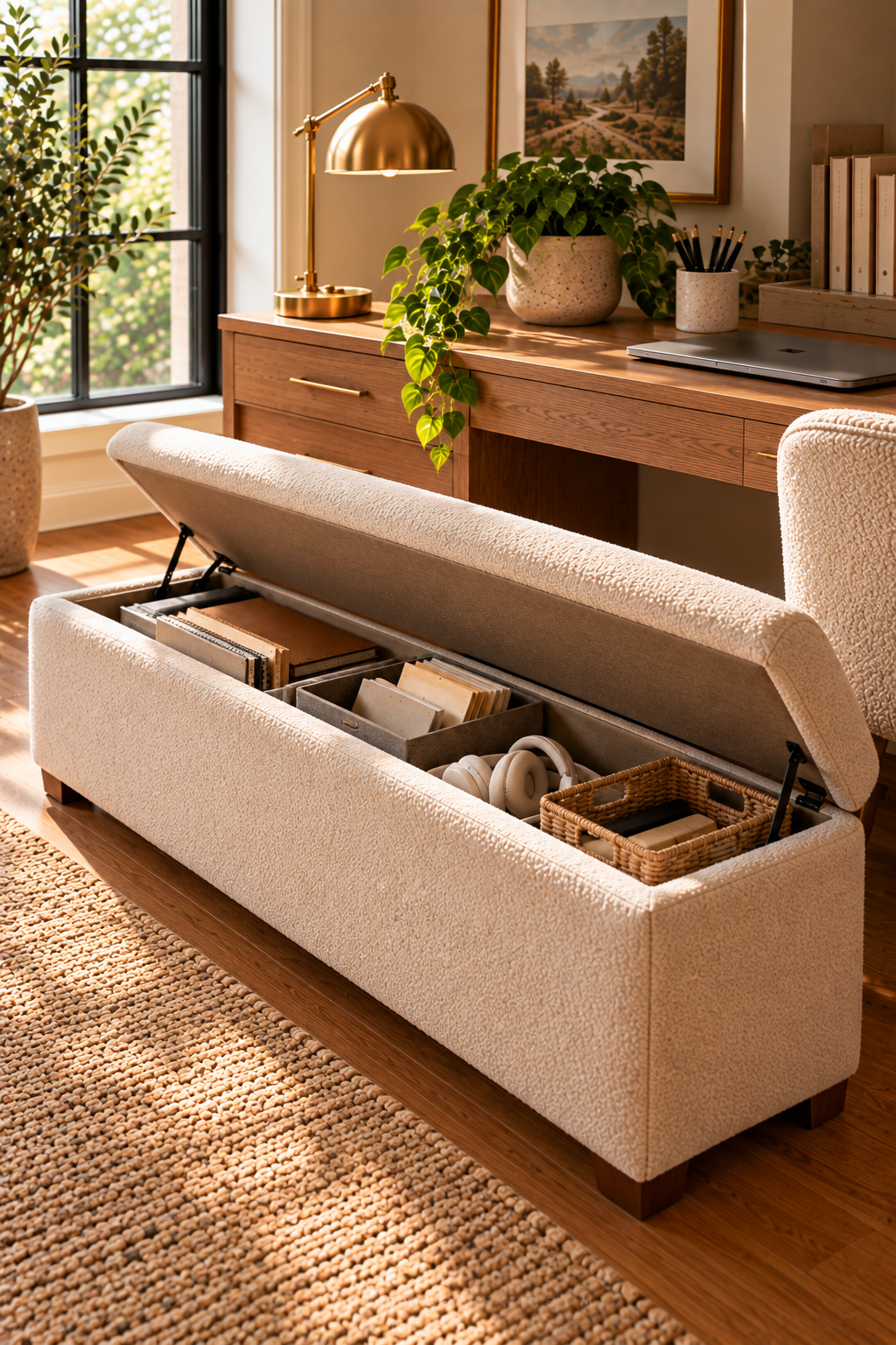 Storage bench for stylish home office organization and hidden storage