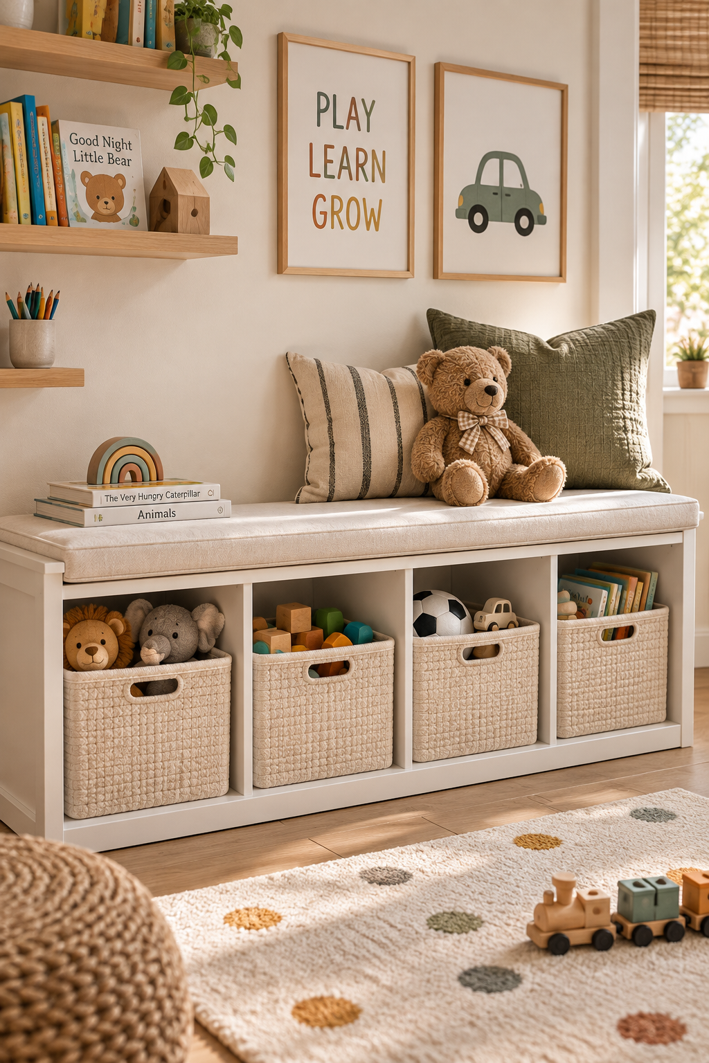 Storage bench with toy bins for a small kids room