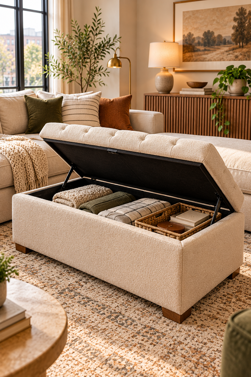 Storage ottoman with hidden compartment for a small apartment without closets