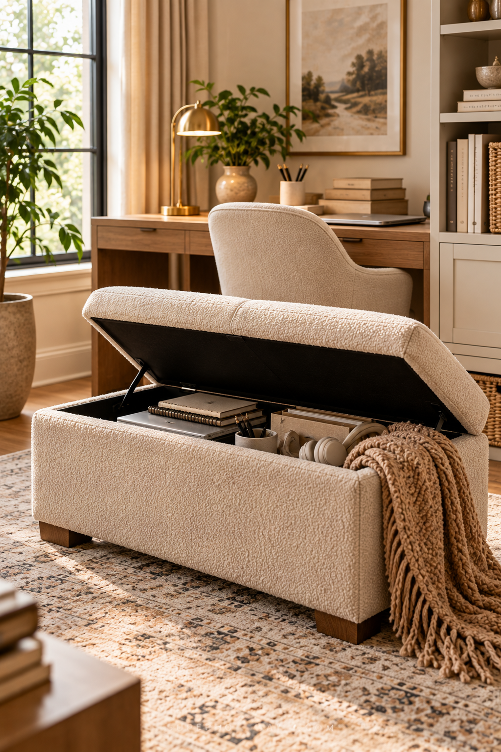 Storage ottoman for hiding everyday home office clutter