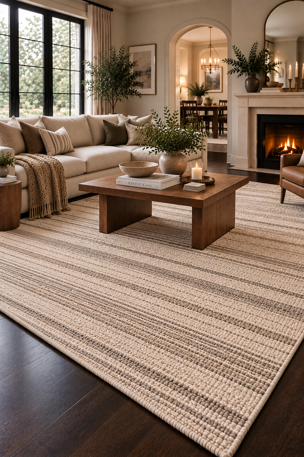 Large neutral rug with subtle cream and taupe stripes styled over dark wood floors