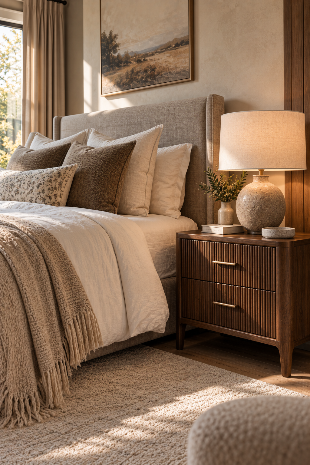Fluted walnut nightstand styled with cozy bedroom essentials