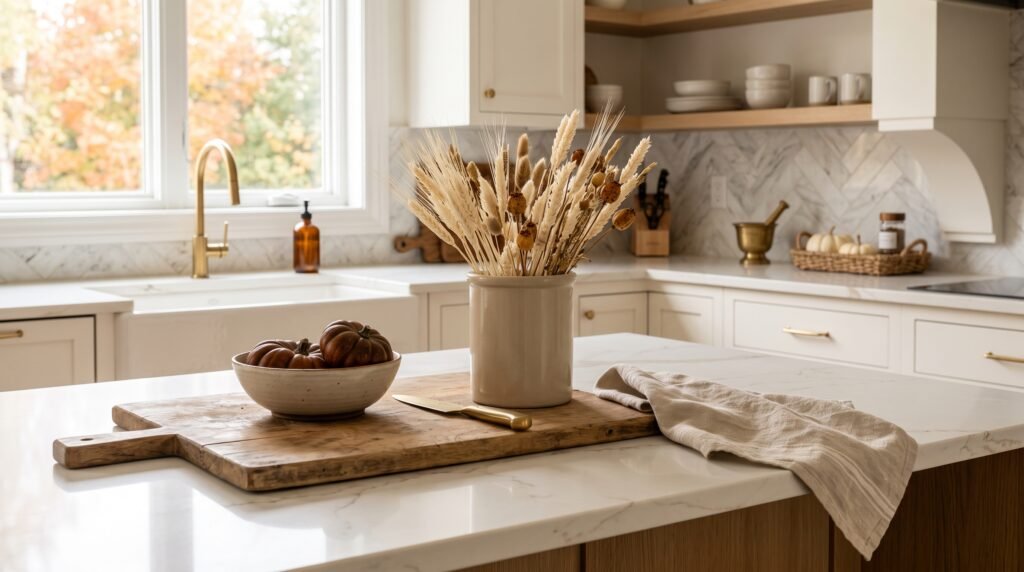 subtle fall kitchen decor ideas with warm neutrals