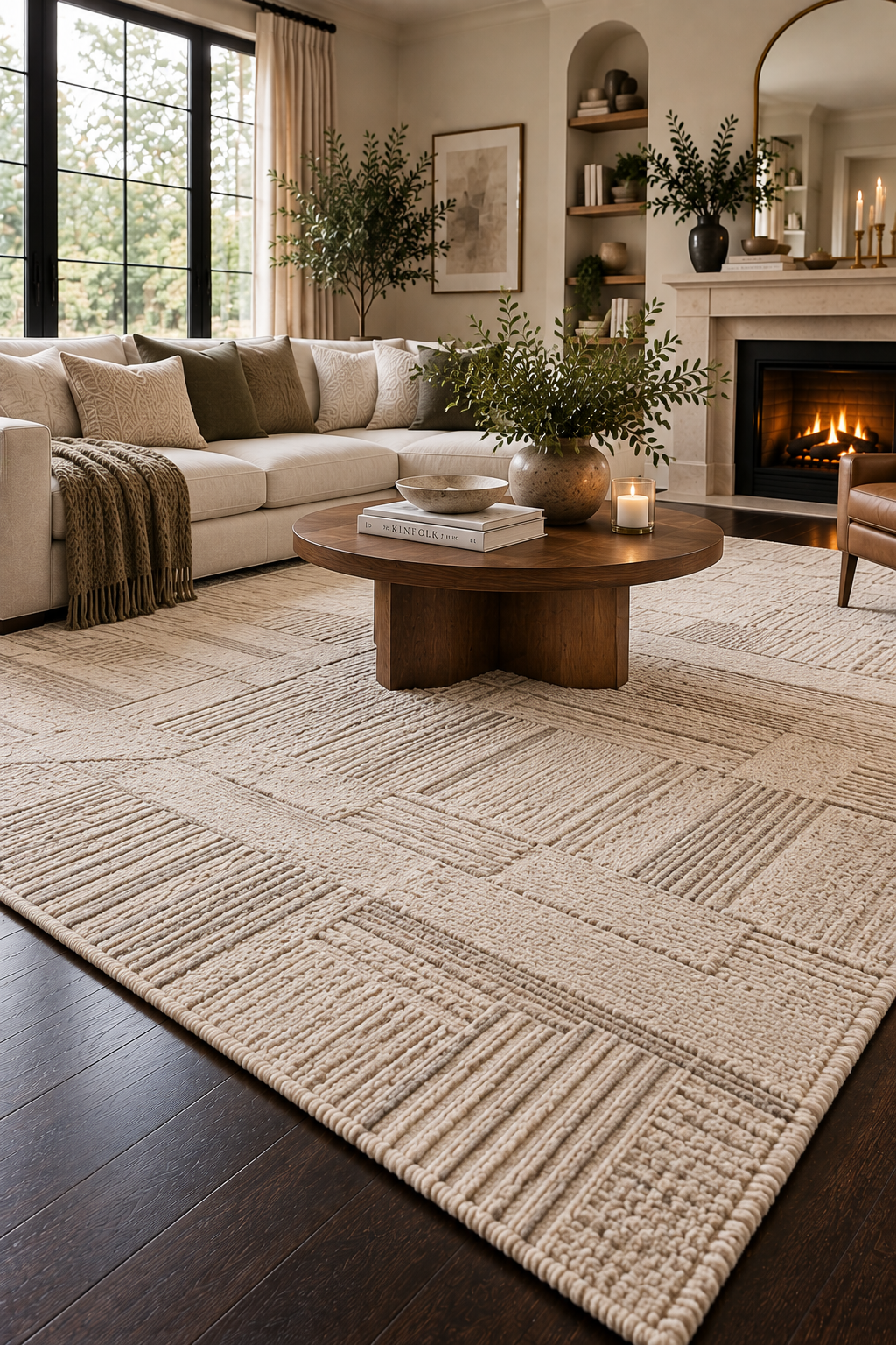 Large neutral geometric rug in cream and beige styled over dark hardwood floors