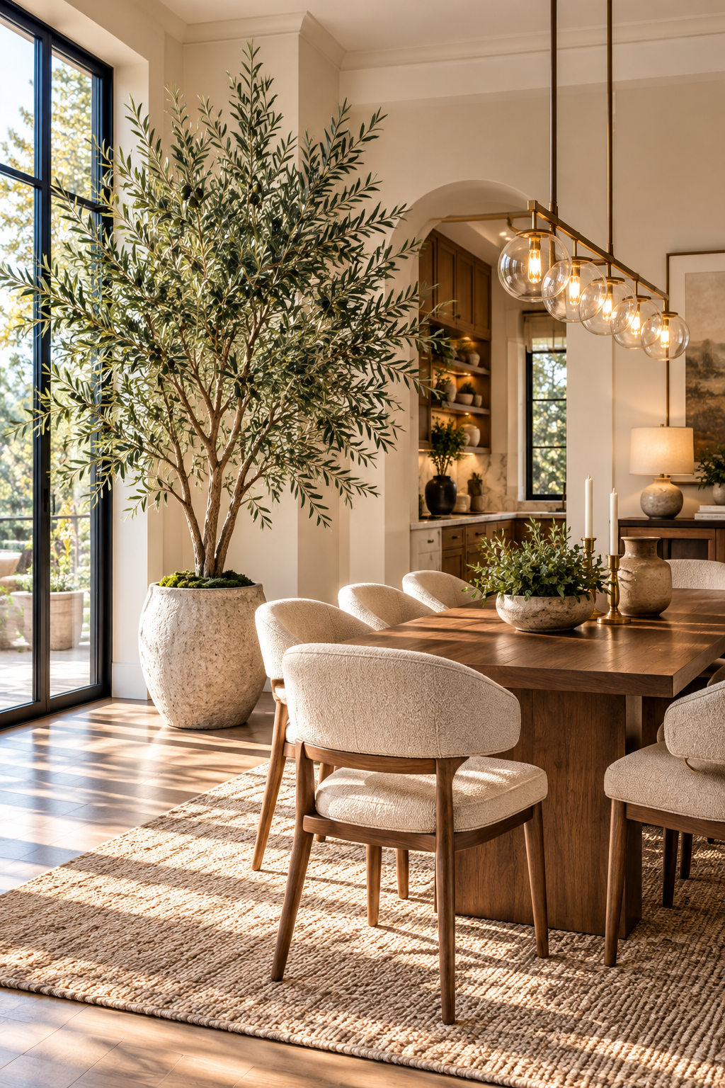 Tall faux olive tree styled in a modern dining room