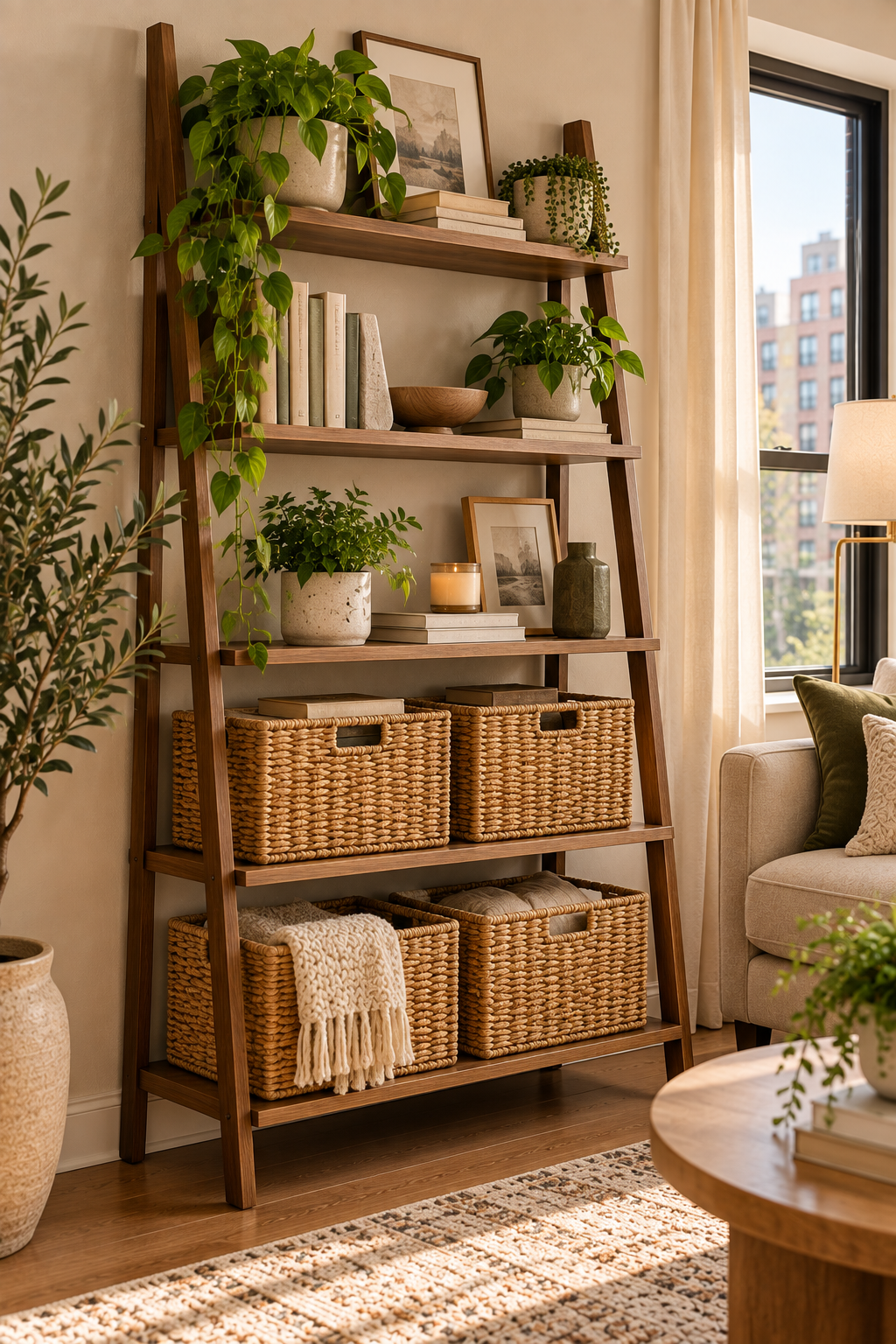 Tall ladder shelf with storage baskets for a small apartment without closets
