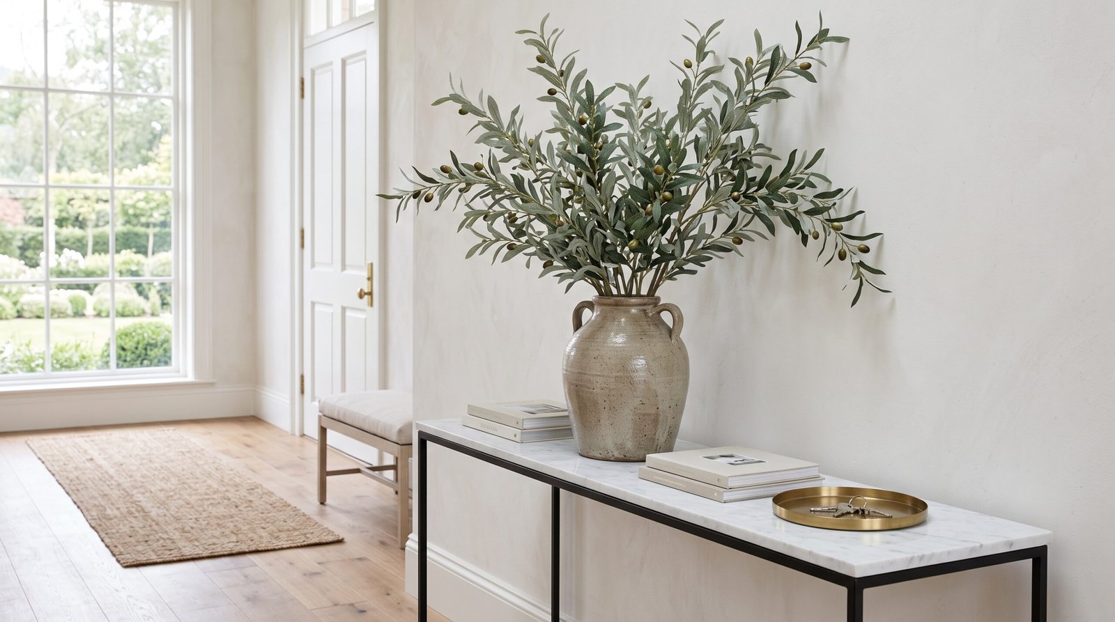 console table styling steps for a welcoming foyer tall olive branches in ceramic vase