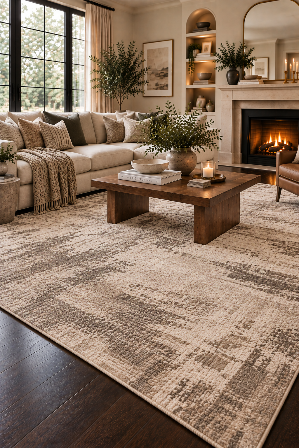 Large neutral rug with a soft taupe abstract pattern styled over dark hardwood floors