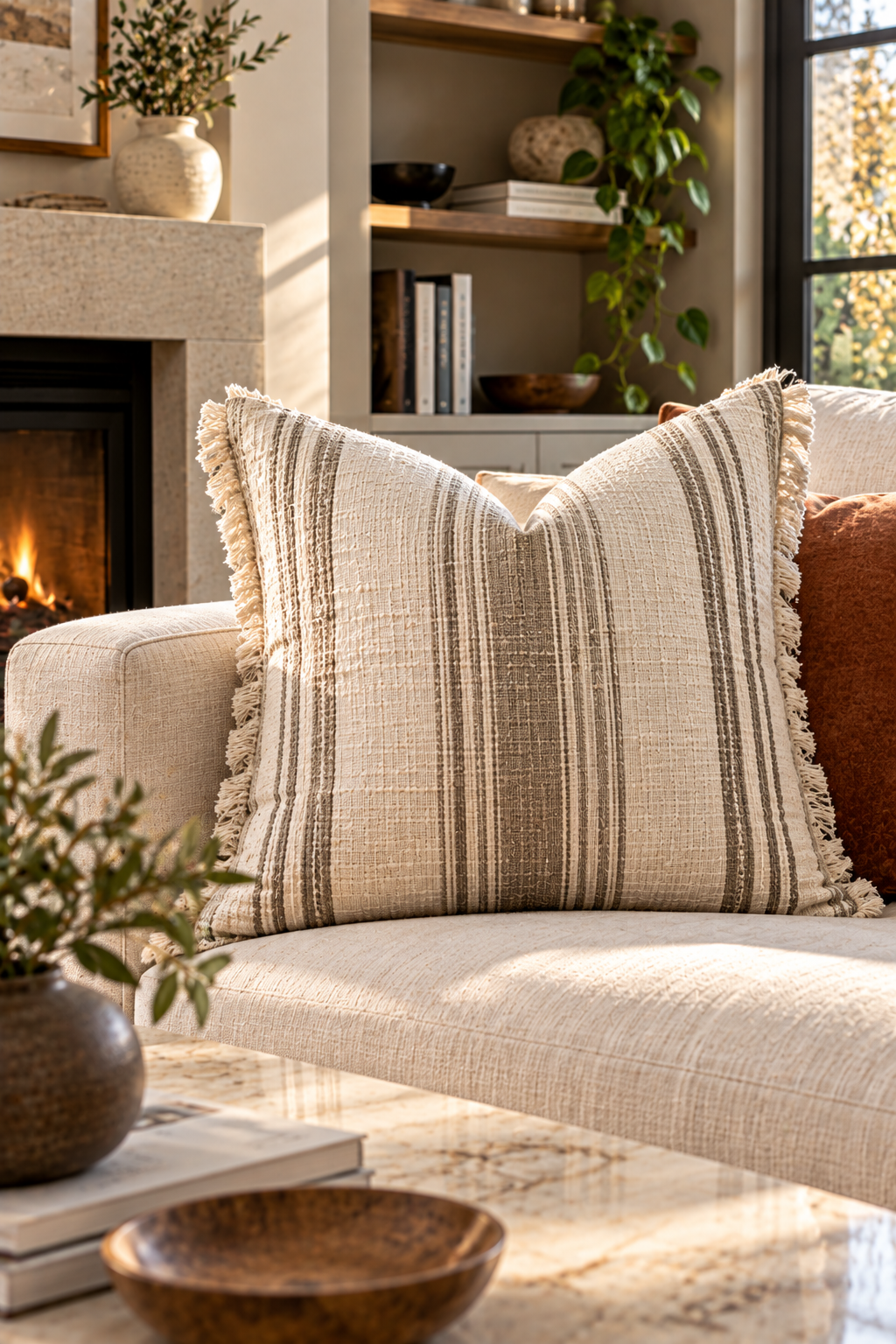 Taupe linen pillow cover styled on a neutral sofa