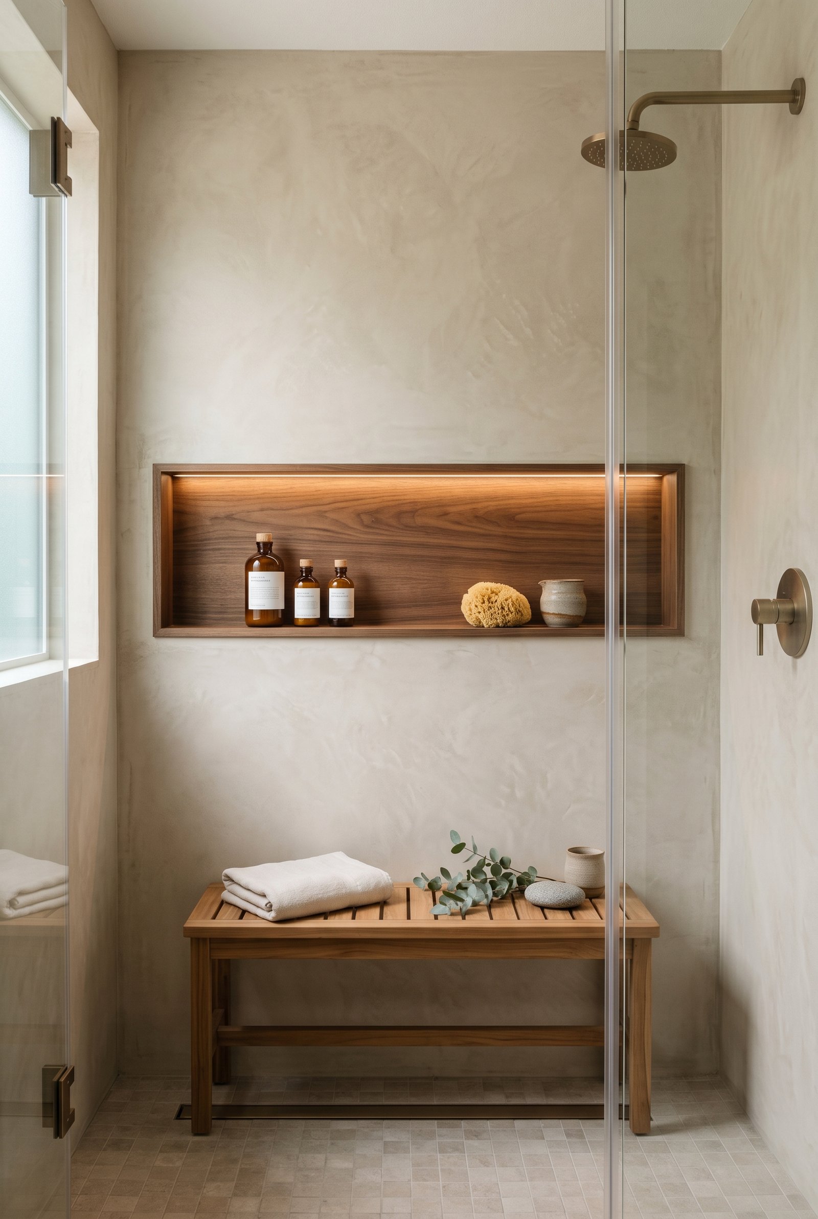 Natural teak shower bench in a spa-inspired walk-in shower
