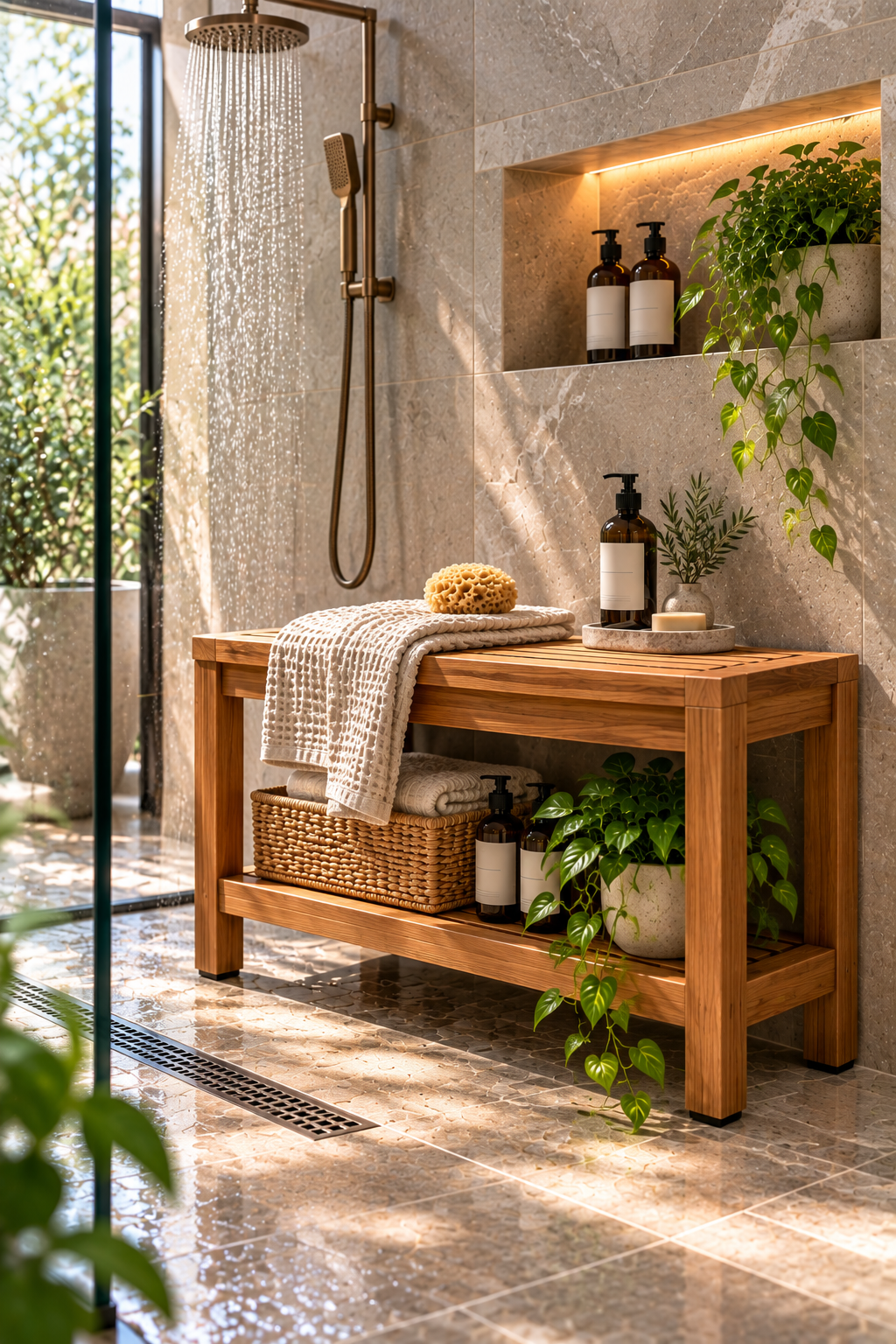 Teak shower bench with lower storage shelf in a walk-in shower