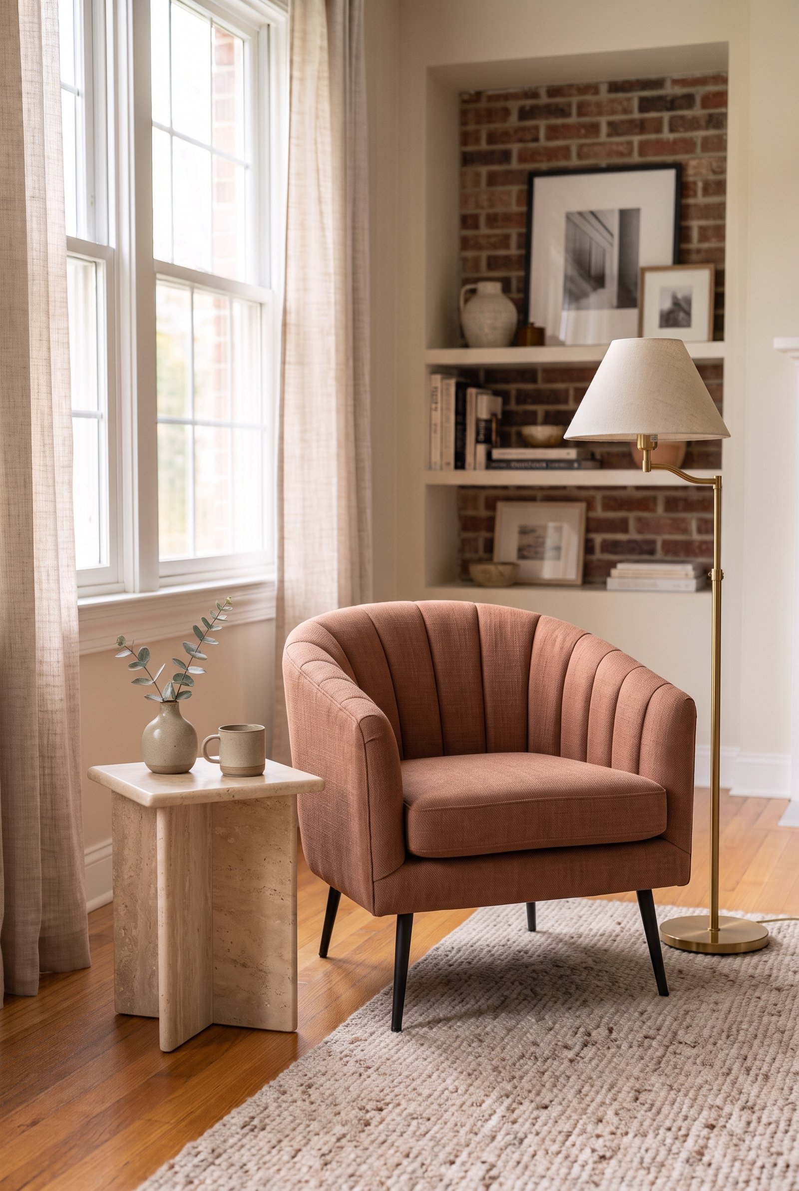 Terracotta channel-tufted accent chair in a warm neutral living room