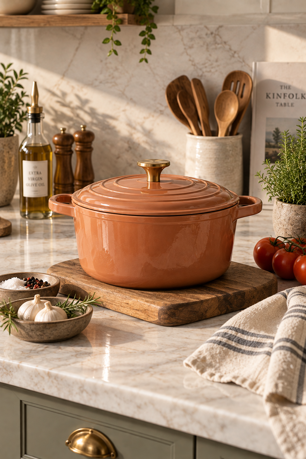 Terracotta enameled cookware in a stylish modern kitchen