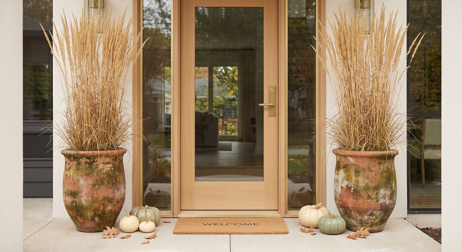 minimalist fall porch decor ideas terracotta planter with ornamental grass