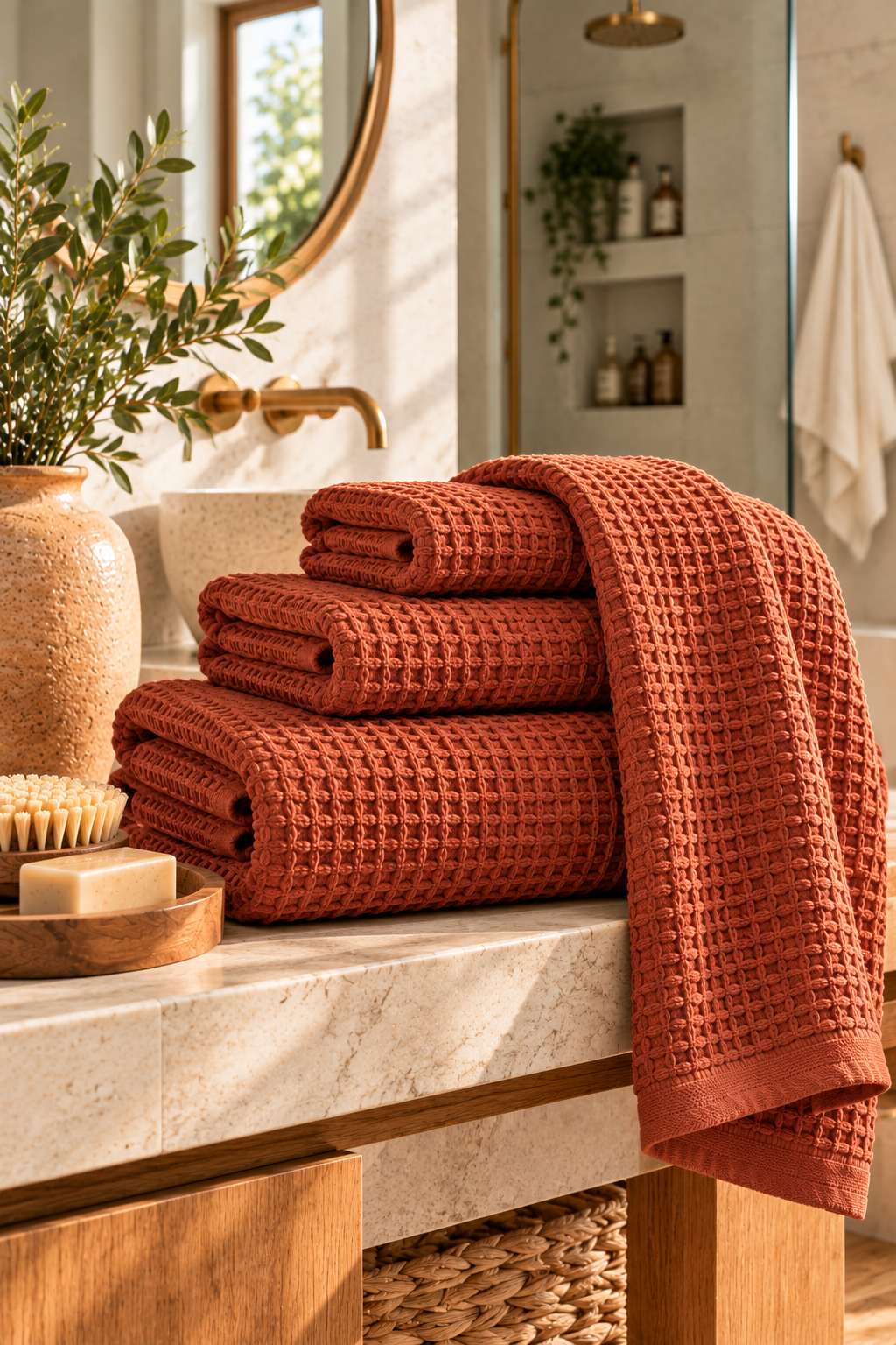 Terracotta waffle weave bath towel in a warm modern bathroom