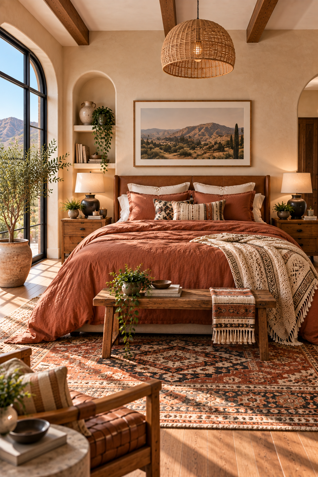 Terracotta washed linen duvet cover set styled in a Southwestern American bedroom
