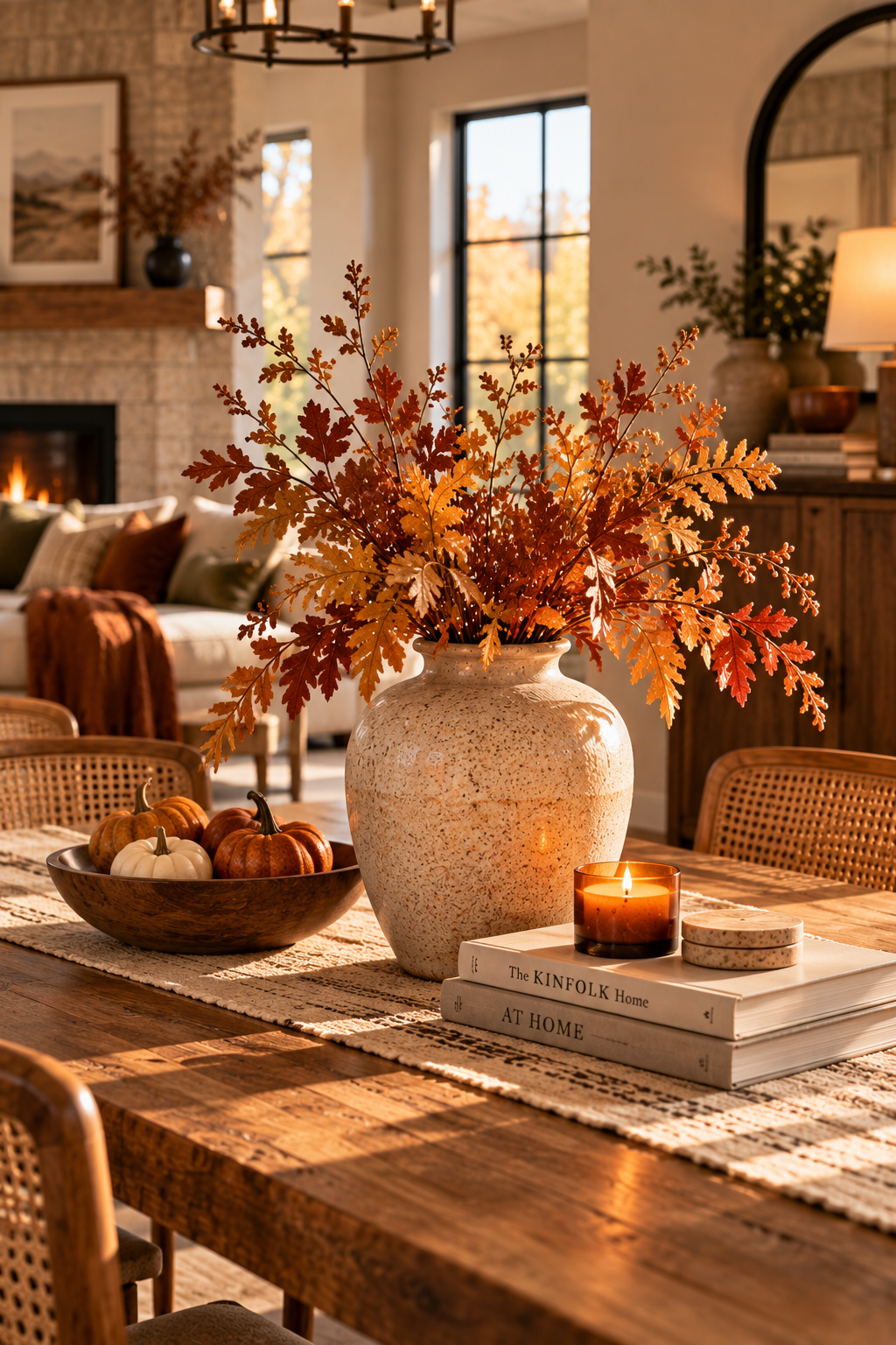 Textured ceramic vase with faux fall branches in a warm minimalist living room