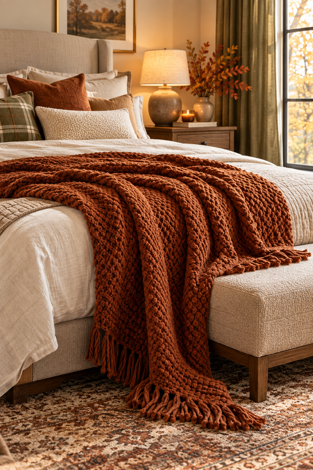 Textured fall throw blanket for cozy fall bedroom decorating ideas