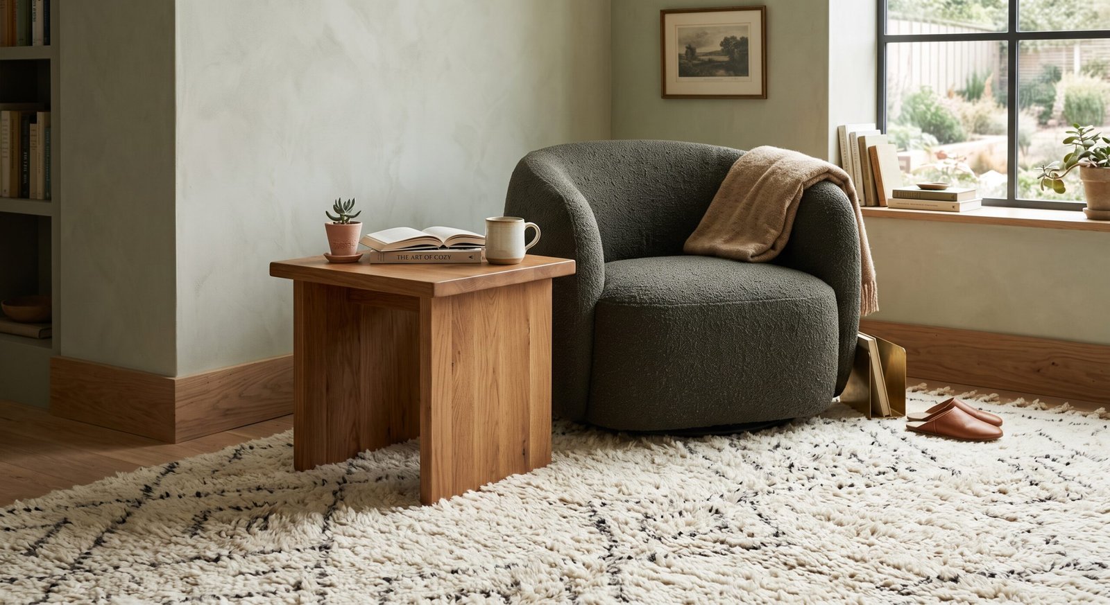 reading nook setup ideas with textured wool area rug