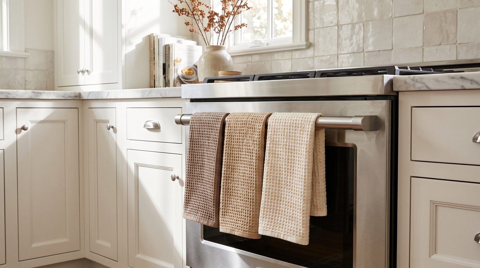 subtle fall kitchen decor ideas with warm neutrals waffle tea towels