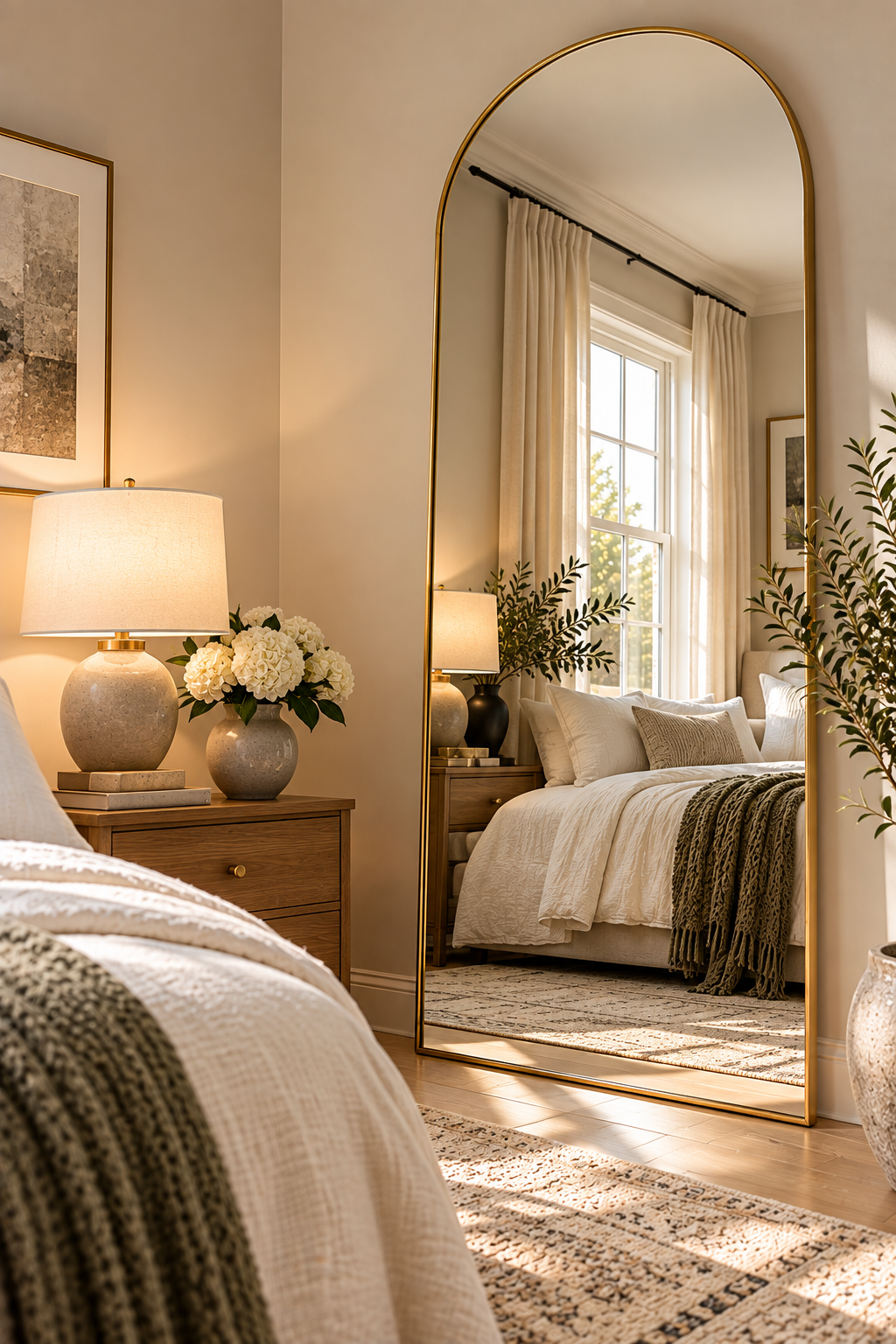Thin gold arched floor mirror in a small modern bedroom